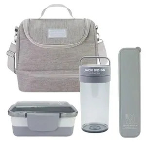 Kit Bolsa Térmica Pote Marmita 950ml Garrafa 550ml E Porta Talheres Joy Cinza