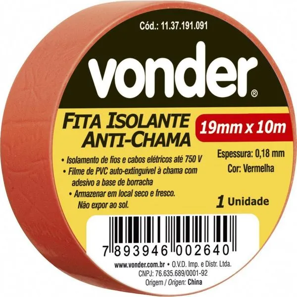 Fita Isolante Pvc 19mmx10m Vermelha Anti Chama Peça Vonder