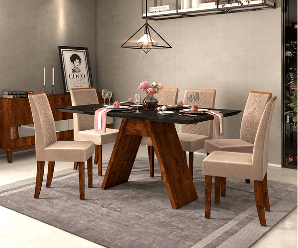 Mesa de Jantar Cristina com 6 cadeiras Linho Saara , MDP e MDF - Novo Mundo Terrará / Off White