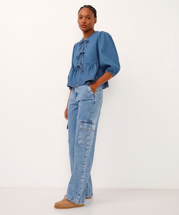calça jeans wide leg slim cargo cintura alta azul 46