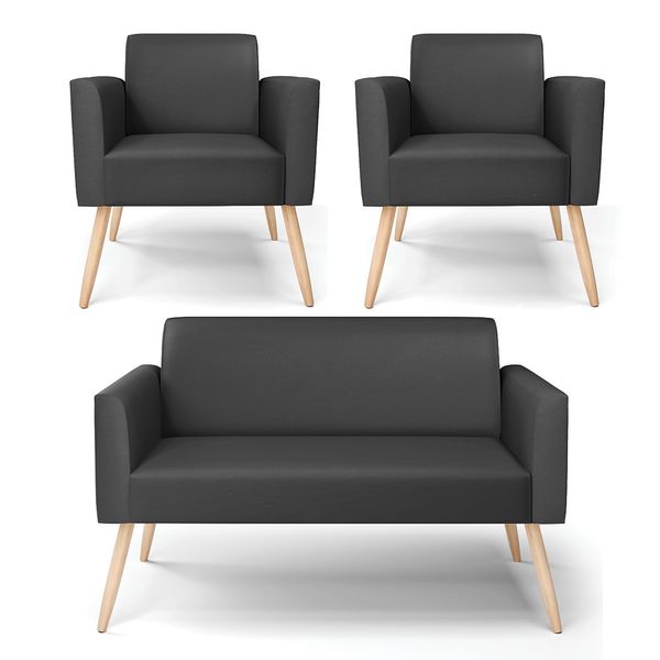 Sofá Namoradeira com 2 Poltronas Pés Palito Natural Marisa Corino D03 - D'Rossi Preto