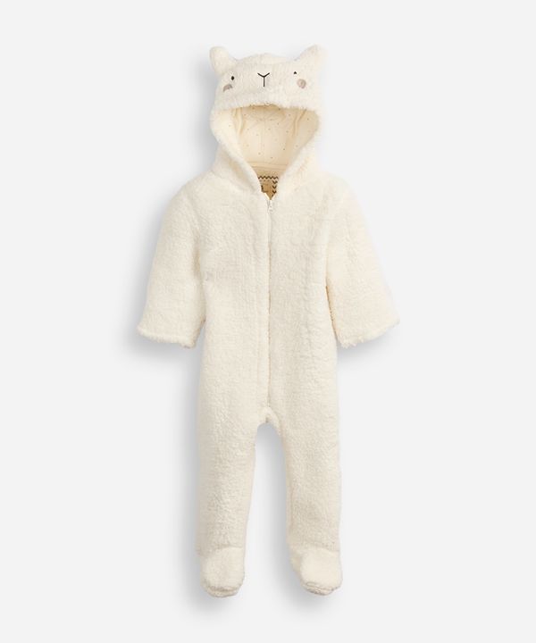 macacão longo de fleece infantil com capuz ovelhinha off white 6-9
