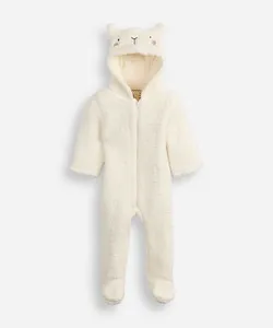 macacão longo de fleece infantil com capuz ovelhinha off white 12-18