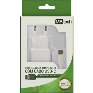 Carregador Adaptador Tomada MB Tech com Cabo USB-C 1m
