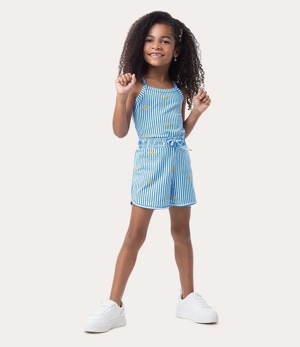 Shorts Infantil Menina Listrado Em Algodão Malwee Kids Azul - 18