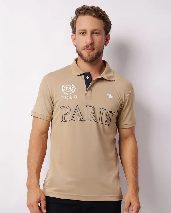 Camisa Polo Masculina Piquet Estampa Manga Curta Bege G