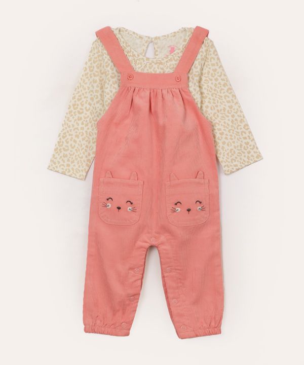 jardineira de veludo cotelê gatinha e blusa oncinha rosa 9-12