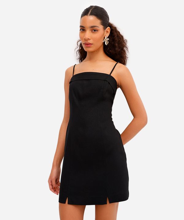 vestido curto feminino alça fina com linho e fendas preto GG