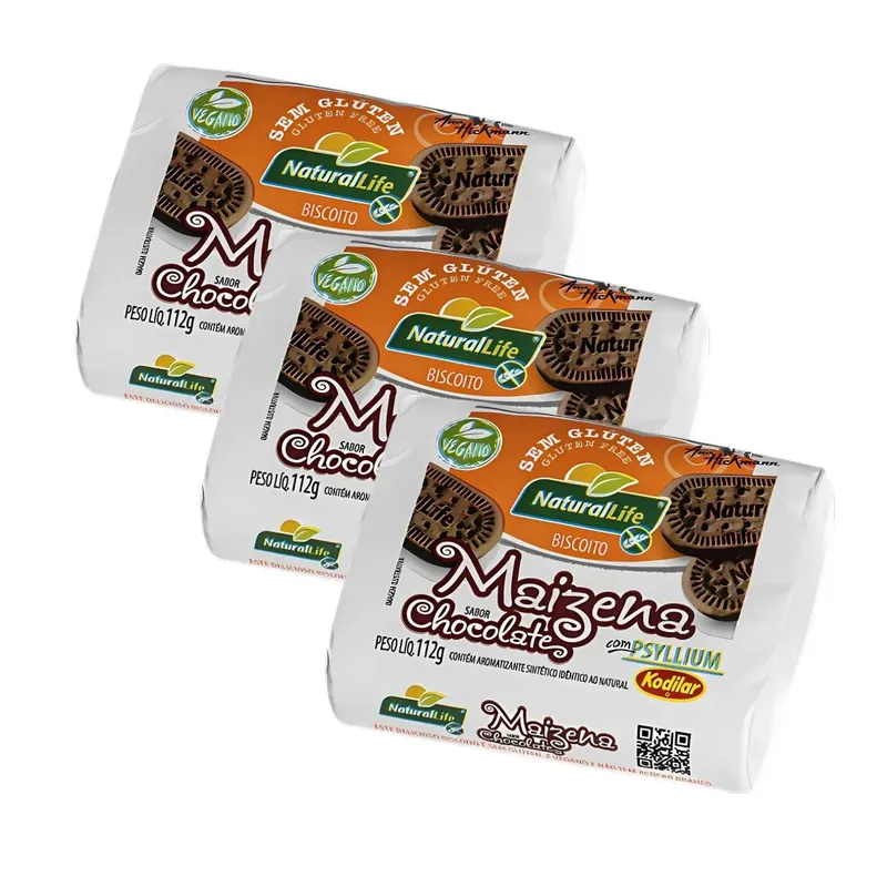 Kit Biscoito Maizena Sem Glúten Com Psyllium Sabor Chocolate Natural Life - 3 Unidades 112g