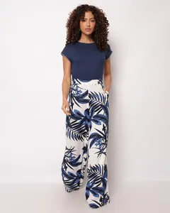 Calça Feminina Pantalona Viscose Estampada Azul M