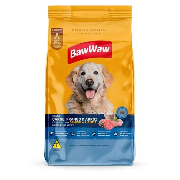 Ração Baw Waw Cão Sênior Raças Médias e Grandes Carne, Frango e Arroz 10kg