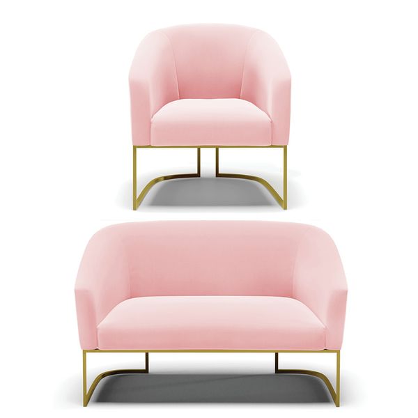 Sofá Namoradeira e Poltrona Industrial Dourado Stella Suede Rosa Bebê D03 - D'Rossi