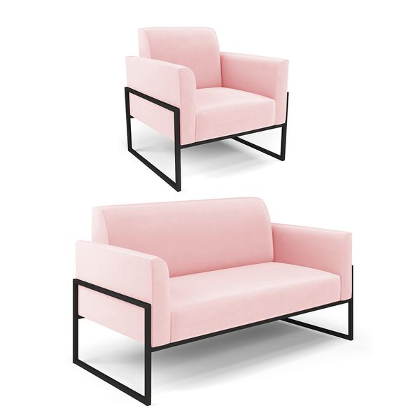 Sofá Namoradeira com Poltrona Base Industrial Alta Preto Marisa Suede D03 - D'Rossi Rosa Bebê