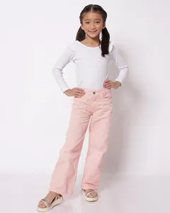 Calça Sarja Infantil Wide Leg Bordado Florzinhas Rosa 6