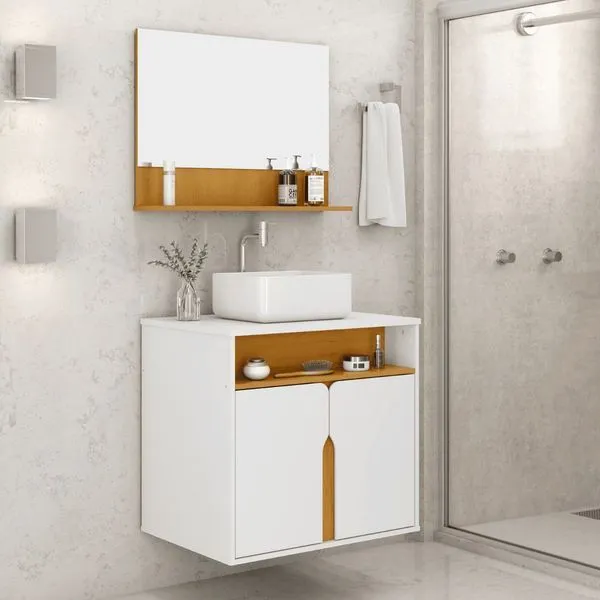 Kit Banheiro Harmonia 2 Portas 2 Prateleiras em MDP 60cm Branco-Naturalle de Casa Kit Banheiro Harmonia 2 Portas em MDP 60cm Branco-Naturalle de Casa