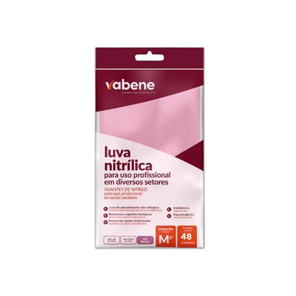 Luva Nitrílica Vabene Rosa M Com 48 Unidades