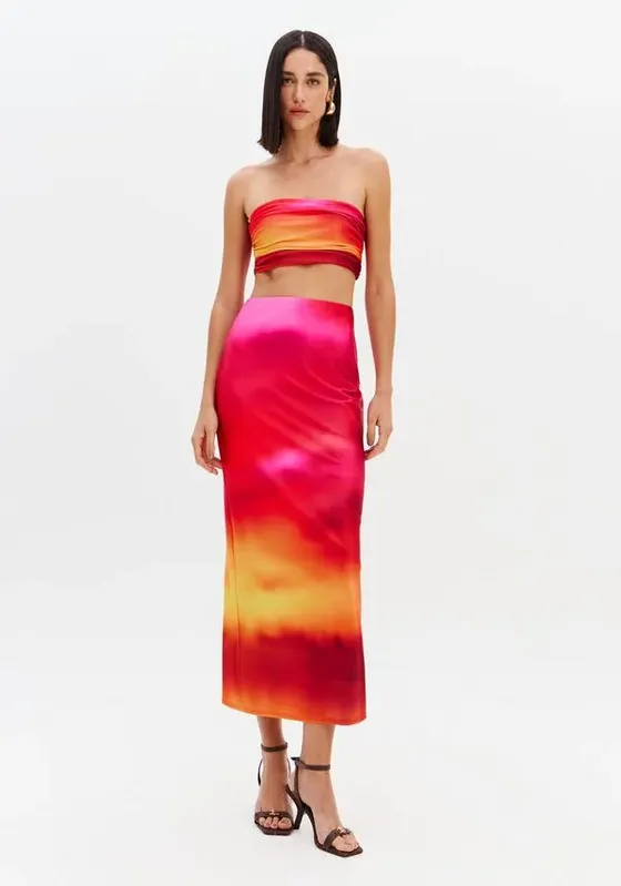 Saia Super Midi Estampada Cintura Alta Vermelho PP