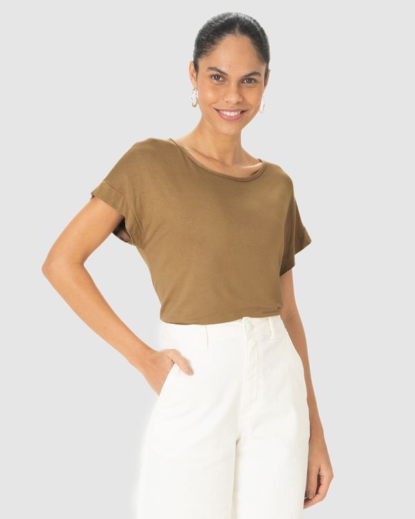 Blusa Ampla Feminina Manga Curta Em Malha Viscolinho Stretch Marrom - M