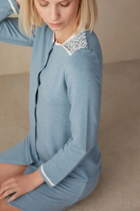 Camisola De Botão Em Modal Com Lã Romantic Bedroom - Azul M
