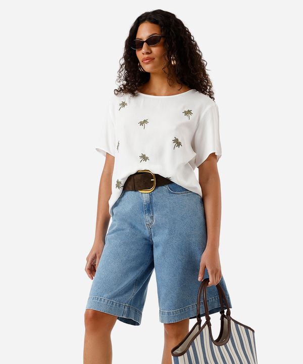 blusa feminina de viscose com bordado folhagens off white M