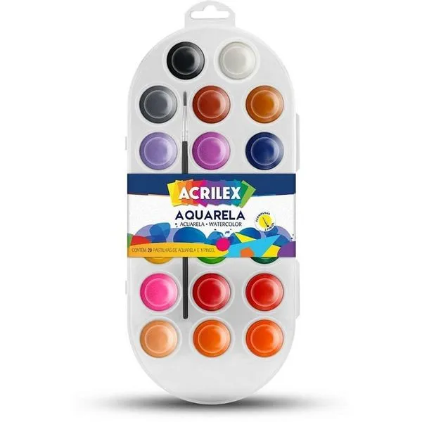 Aquarela Escolar Acrilex 20 Cores com Pincel e Estojo Kit Completo para Crianças Aquarela Escolar Acrilex 20 Cores com Pincel e Estojo