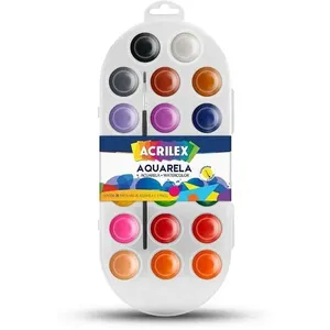 Aquarela Escolar Acrilex 20 Cores com Pincel e Estojo Kit Completo para Crianças Aquarela Escolar Acrilex 20 Cores com Pincel e Estojo