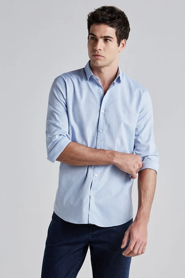 Camisa Casual Manga Longa Lisa - Azul - 10