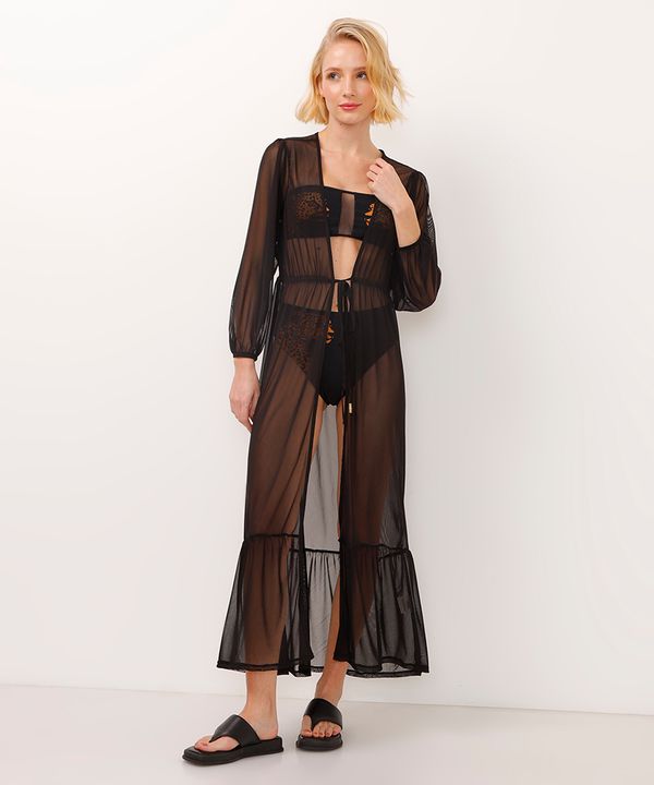 kaftan saída de praia longo de tule preto P