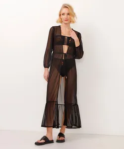 kaftan saída de praia longo de tule preto M