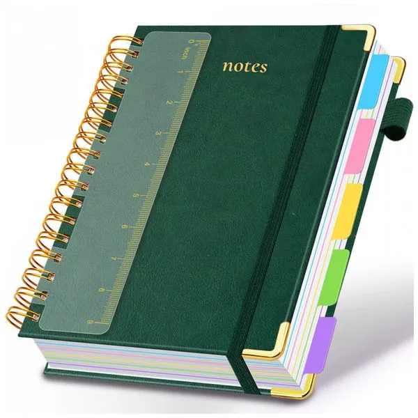 Caderno universitário espiral capa dura GDGDSY B5 8x10, 5 matérias, 300 páginas pautadas, divisórias removíveis, capa couro sintético verde