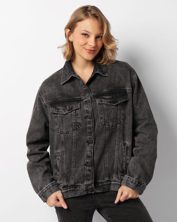 Jaqueta Jeans Feminina Manga Longa Com Bolso Preta M