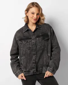 Jaqueta Jeans Feminina Manga Longa Com Bolso Preta P