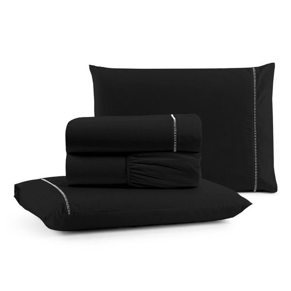Jogo De Lençol Casal Padrão Premium Soft 600 Fios Micropercal Preto Ponto Palito Toque Macio 4 Peças