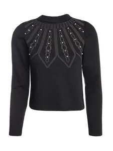 Blusa Tricot Gola Média Com Pérolas Feminina PRETO GG