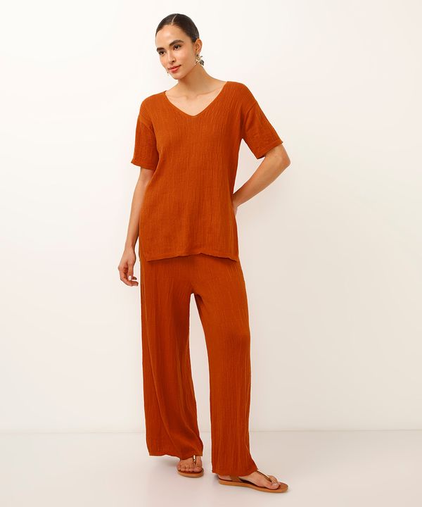 calça wide leg de tricot texturizada laranja PP
