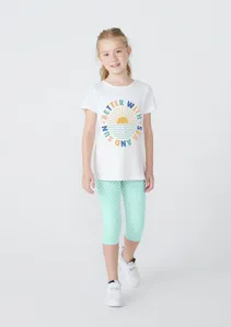Conjunto Infantil Menina Camisa Manga Curta Com Calça Estampada - Off white 003