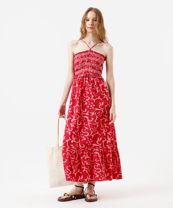 vestido midi alça fina feminino de algodão com recorte floral vermelho M