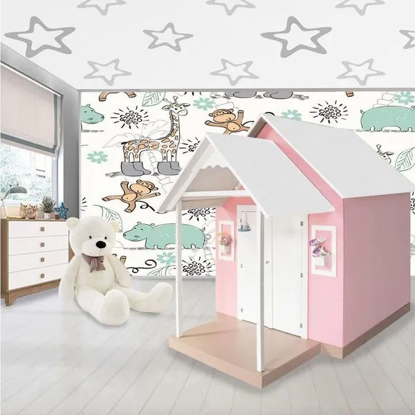 Casinha de Brinquedo Infantil em MDF L12 com Telhado Branco Rosa para Área Interna Criança Feliz Casinha de Brinquedo Infantil em MDF L12 com Telhado Branco Rosa Criança Feliz