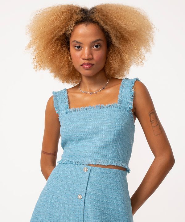 top cropped de tweed alça desfiada azul claro G