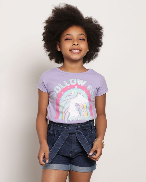 Blusa Infantil Cropped Estampa Glitter Unicórnio Manga Curta Lilás 4