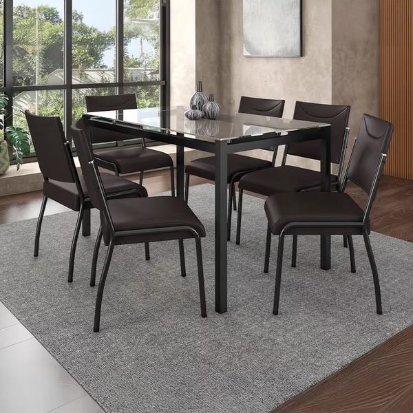 Mesa de Jantar Retangular Alexa Tampo de Vidro 140x80cm com 6 Cadeiras Dora Revestidas em Courino Fabone Fosco/Café
