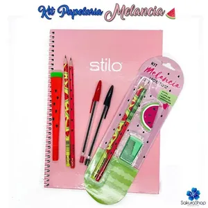 Kit Papelaria Fofa Melancia Kawaii Caderno Lapis Borracha Apontador Caneta