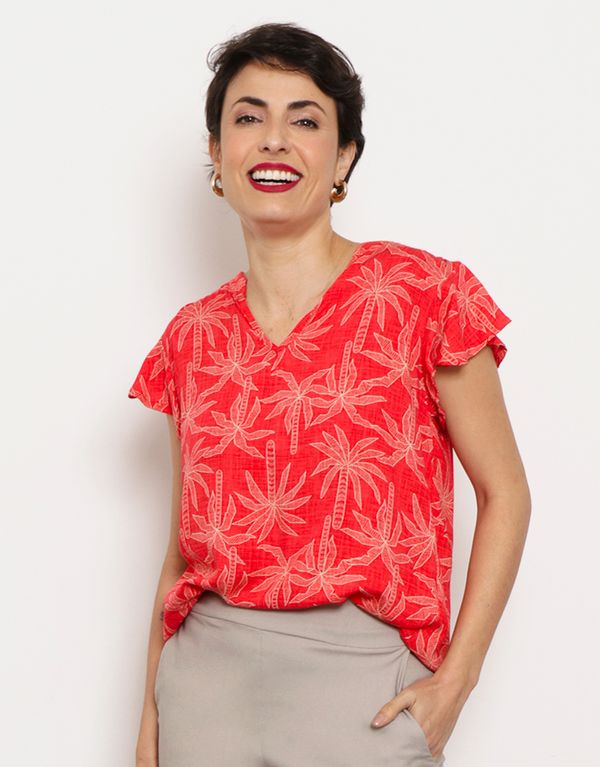 Blusa Feminina Decote V Viscose Estampada Coqueiro Vermelha G