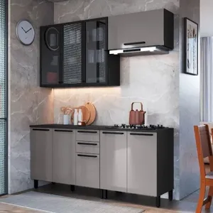 Cozinha Modulada Compacta Fidelitá Mônaco 4 Peças 200cm 9 Portas 2 Gavetas Com Tampo Chumbo/titânio