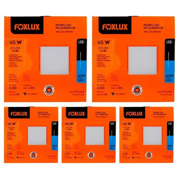 Kit 5 Painéis LED Quadrado Sobrepor 45W 6500K Luz Branca Fria Bivolt Branco Foxlux Kit 5 Painéis LED Quadrado Sobrepor 45W 6500K Bivolt Branco Foxlux