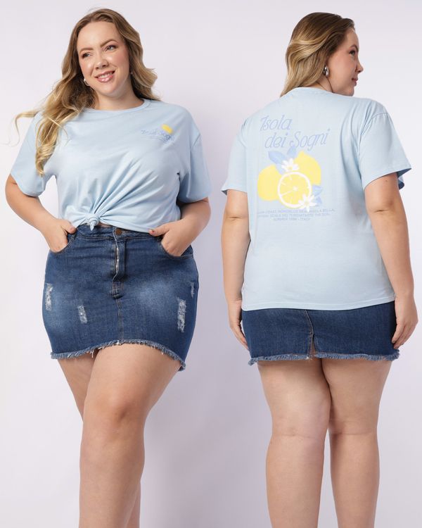 Camiseta Plus Size Feminina Algodão Estampa Frente Costas Azul G3