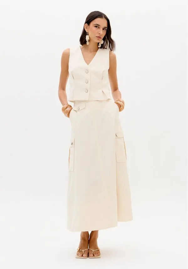 Saia Super Midi Com Bolsos Branco G