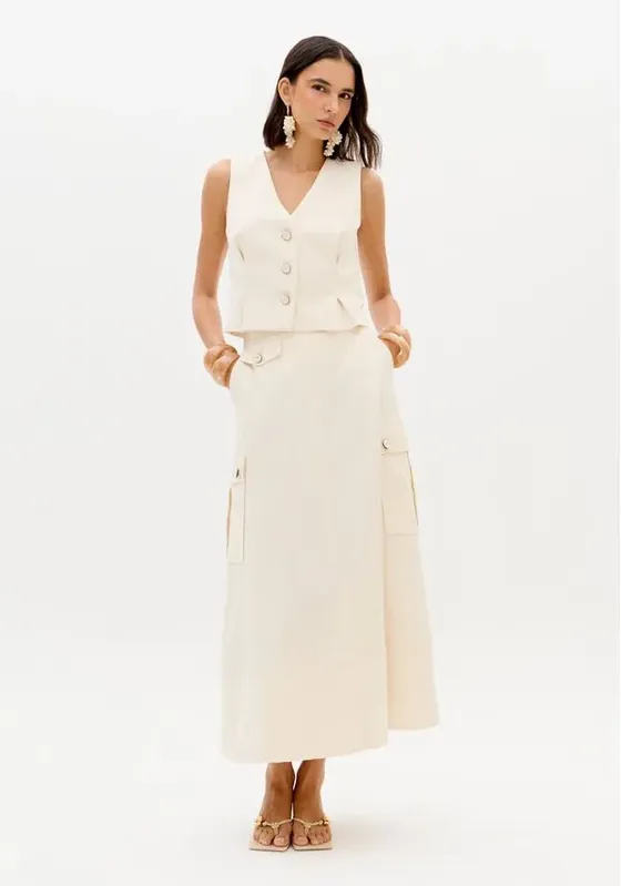 Saia Super Midi Com Bolsos Branco G