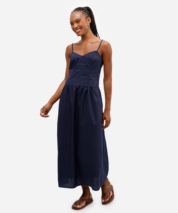 vestido feminino longo cintura alongada com alça fina azul GG