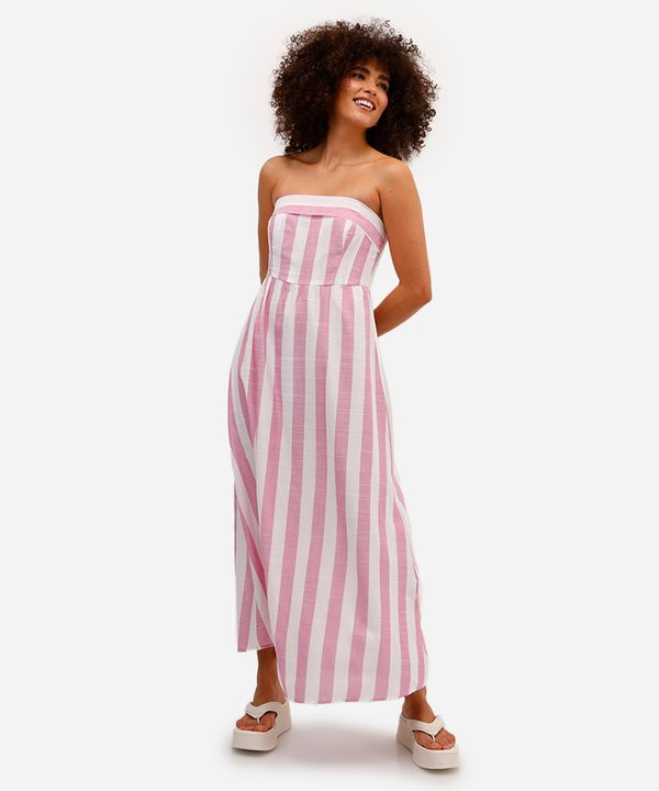 vestido midi feminino de viscose sem alça listrado rosa P